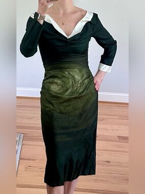 PRADA Dark Green Ombré Midi Dress | 100% Silk | NWOT | Abstract | Asymmetrical